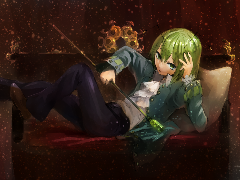 1girl, alternate_costume, amayadori-tei, androgynous, antennae, ascot, bangs, black_pants