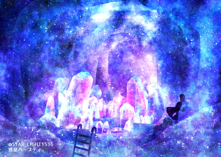1girl, artist_name, black_hair, cave, crystal, dress, glowing, glowing_crystal