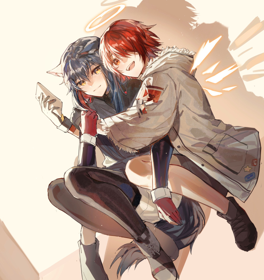 2girls, :d, absurdres, animal_ears, arknights, asymmetrical_gloves, black_footwear, black_gloves, black_hair, black_pantyhose, black_shirt, borrowed_garments, coat, colored_inner_hair, detached_wings, dutch_angle, energy_wings, exusiai_(arknights), fur-trimmed_hood, fur-trimmed_sleeves, fur_trim, gloves, hair_between_eyes, hair_over_one_eye, halo, highres, hood, hooded_coat, hug, hug_from_behind, knees_up, kuilaogouhuabudongle, long_sleeves, looking_at_viewer, mismatched_gloves, multicolored_hair, multiple_girls, official_alternate_costume, one_eye_covered, open_mouth, pantyhose, red_gloves, redhead, shirt, shoes, shorts, sidelocks, simple_background, sitting, smile, tail, texas_(arknights), texas_(winter_messenger)_(arknights), white_background, white_coat, white_gloves, white_shorts, wings, winter_clothes, winter_coat, wolf_ears, wolf_girl, wolf_tail, yellow_eyes, yuri