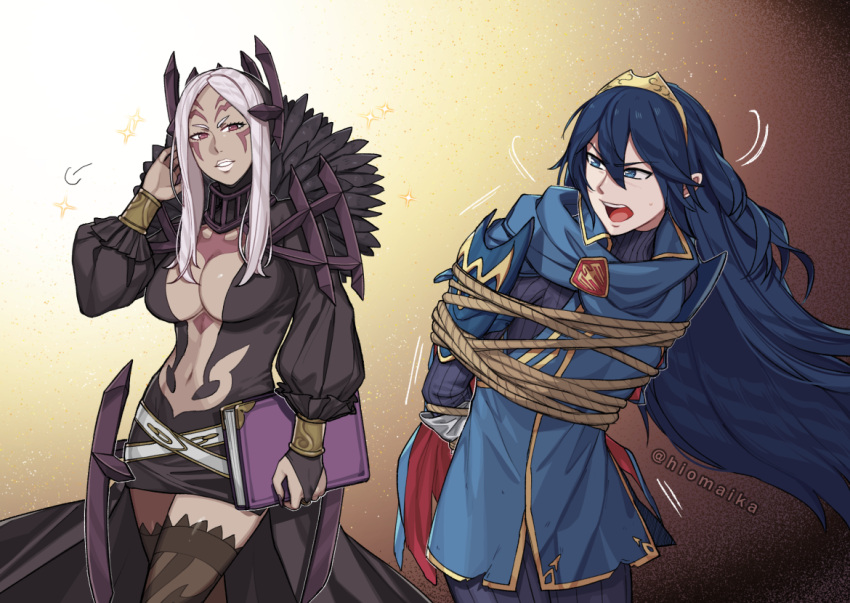 2girls, aversa_(fire_emblem), bangs, blue_eyes, blue_hair, book, bound, breasts