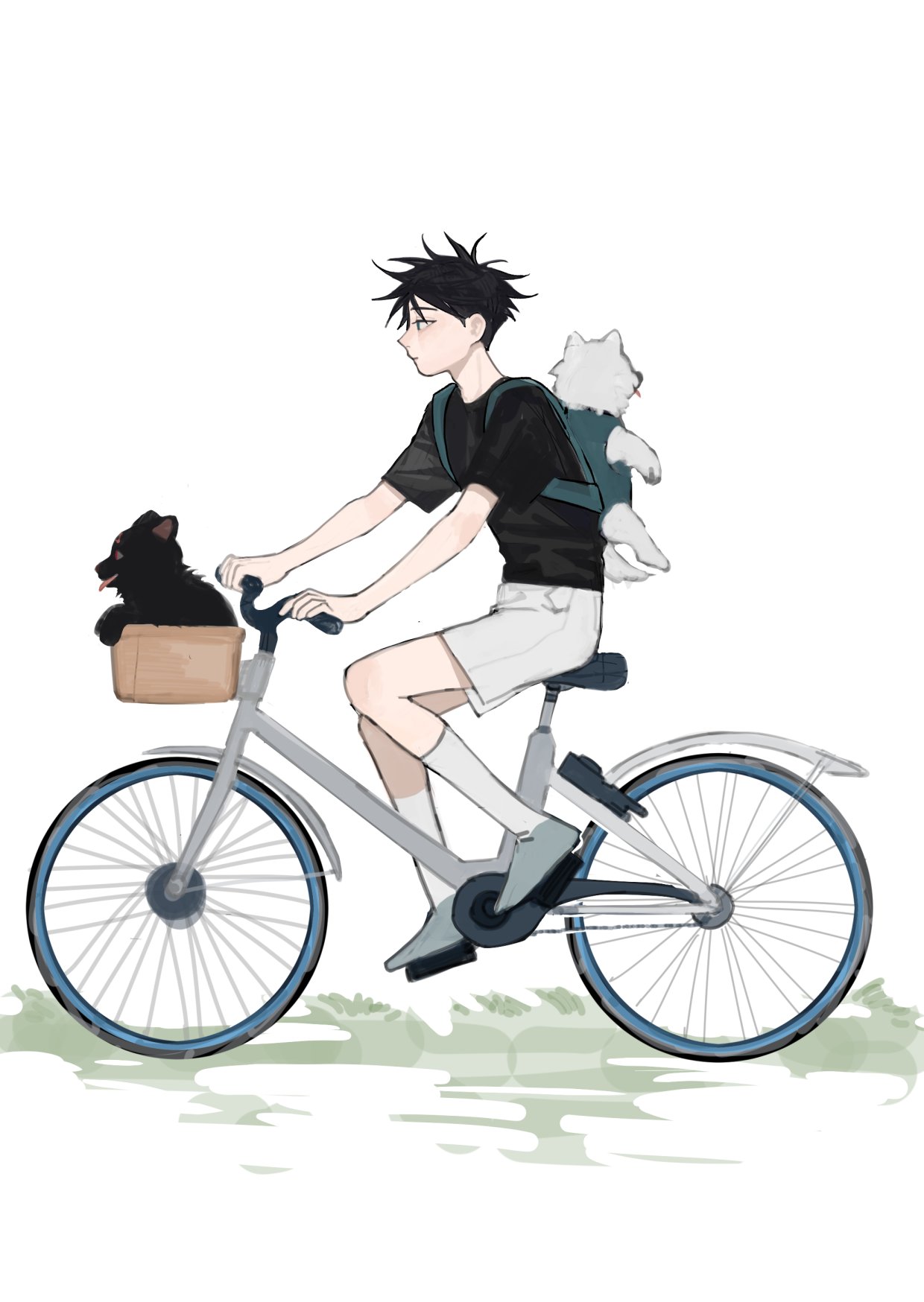 1boy, babywearing, bangs, bicycle, bicycle_basket, black_hair, black_shirt, closed_mouth