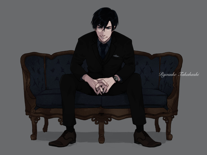 1boy, bangs, black_eyes, black_hair, black_jacket, black_pants, blazer, blue_necktie