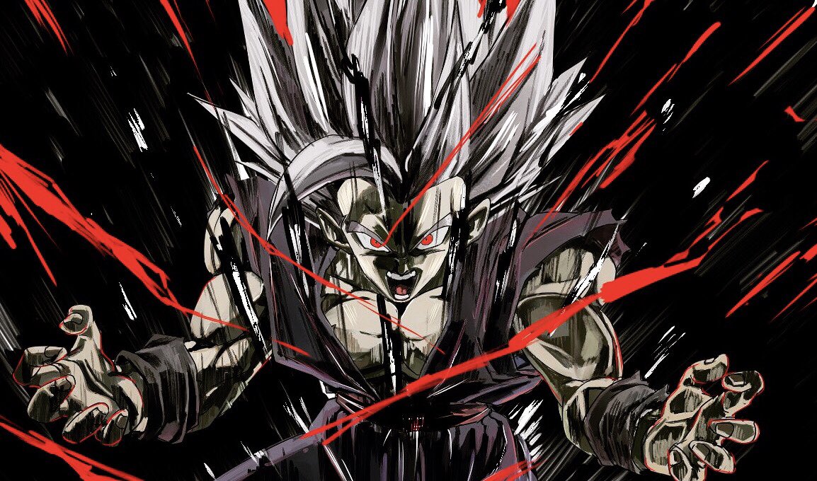 1boy, angry, belt, biceps, dougi, dragon_ball, dragon_ball_z, electricity, hakama, japanese_clothes, karate_gi, long_hair, looking_at_viewer, male_focus, mire1931, muscular, muscular_male, open_mouth, pectoral_cleavage, pectorals, red_eyes, shouting, sleeveless, solo, son_gohan, sparks, spiky_hair, teeth, thick_arms, thick_eyebrows, tongue, torn_clothes, white_hair, wristband