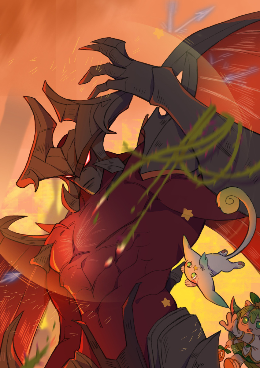 1boy, 1girl, aatrox, abs, absurdres, artist_name, coat, creature, crown, demon, demon_boy, demon_horns, demon_wings, gloves, glowing, glowing_eyes, green_eyes, green_hair, highres, horns, hyuko_wong, league_of_legends, long_hair, lulu_(league_of_legends), miniskirt, muscular, muscular_male, open_mouth, outdoors, pectorals, plant, pointy_ears, red_eyes, red_nails, shoes, signature, skirt, staff, star_(symbol), star_guardian_(league_of_legends), star_guardian_lulu, sunset, sword, thick_arms, tongue, topless_male, vines, weapon, wings