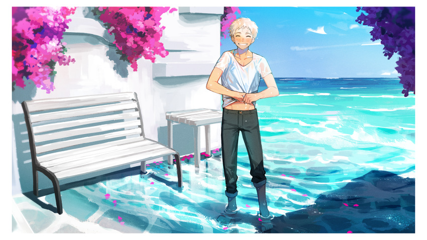 1boy, aynoh, blonde_hair, blush, closed_eyes, clothes_lift, day, denim