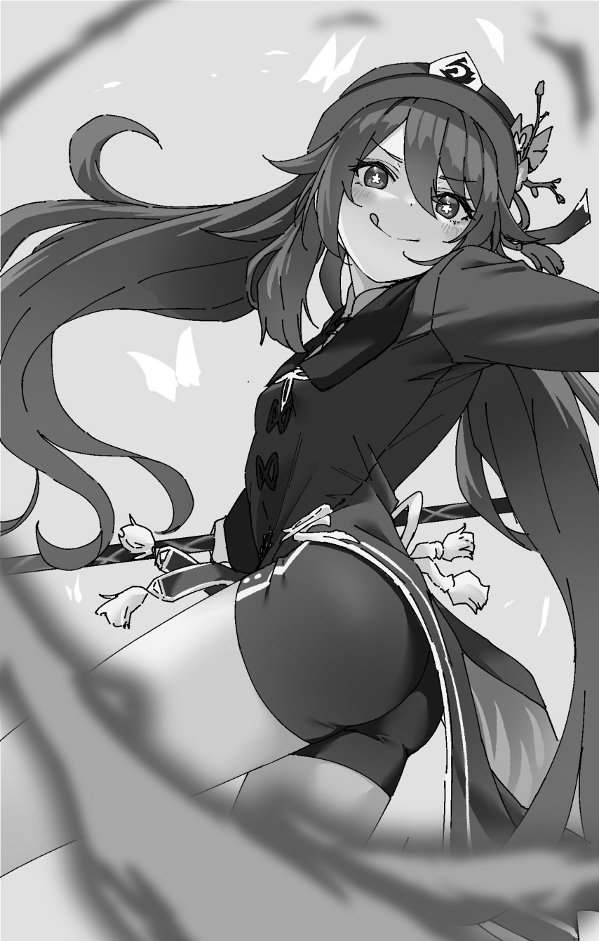1girl, ataru_(cha2batake), blush, chinese_clothes, coat, coattails, genshin_impact, greyscale