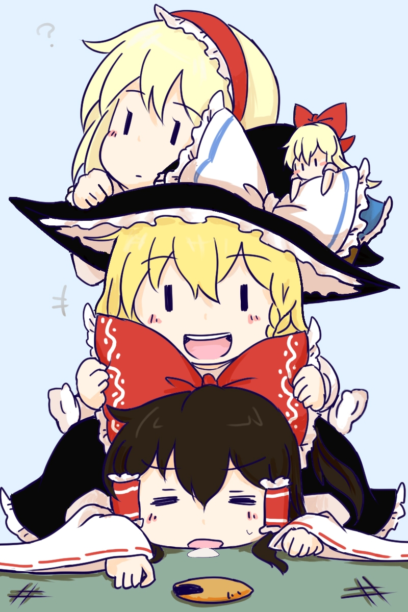 3girls, alice_margatroid, arm_up, arms_up, bangs, bare_shoulders, black_eyes, black_headwear, black_skirt, blonde_hair, blue_background, blue_dress, blush, boots, bow, braid, brown_footwear, brown_hair, carpet, chibi, closed_eyes, closed_mouth, commentary_request, cookie, detached_sleeves, doll, dress, food, frills, hair_between_eyes, hair_bow, hair_ornament, hair_tubes, hairband, hakurei_reimu, hand_on_another's_headwear, hand_up, hands_up, hat, hat_bow, highres, hiroya_masaharu, kirisame_marisa, long_hair, long_sleeves, looking_at_viewer, looking_down, looking_to_the_side, looking_up, lying, lying_on_person, multiple_girls, no_mouth, no_shoes, on_stomach, open_mouth, puffy_long_sleeves, puffy_short_sleeves, puffy_sleeves, red_bow, red_hairband, shanghai_doll, shirt, short_hair, short_sleeves, simple_background, single_braid, sitting, sitting_on_person, skirt, smile, socks, spread_legs, standing, sweat, sweatdrop, teeth, tongue, touhou, white_bow, white_shirt, white_socks, wide_sleeves, witch_hat