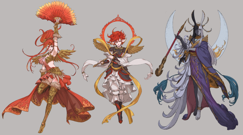 3girls, animal_ears, anklet, arm_across_chest, arm_up, armor, azeyma, bandeau