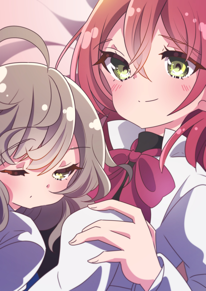 2girls, ahoge, assault_lily, bangs, bed_sheet, black_shirt, blush, bow