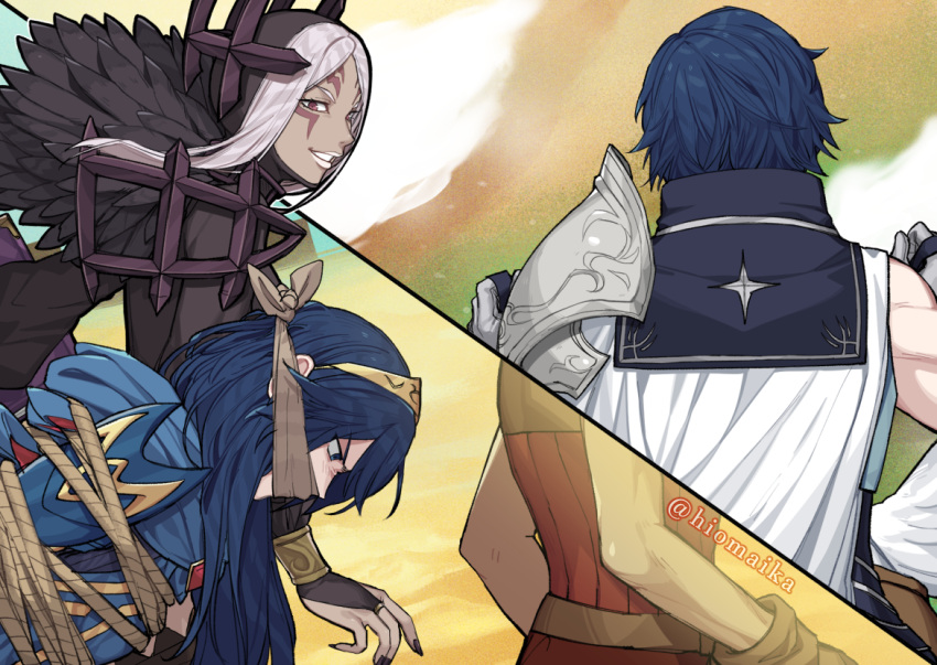 armor, aversa_(fire_emblem), back_turned, bangs, black_nails, blue_eyes, blue_hair, bound