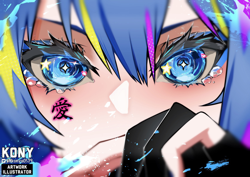 1girl, absurdres, artist_name, black_gloves, blue_eyes, blue_hair, blurry, blush