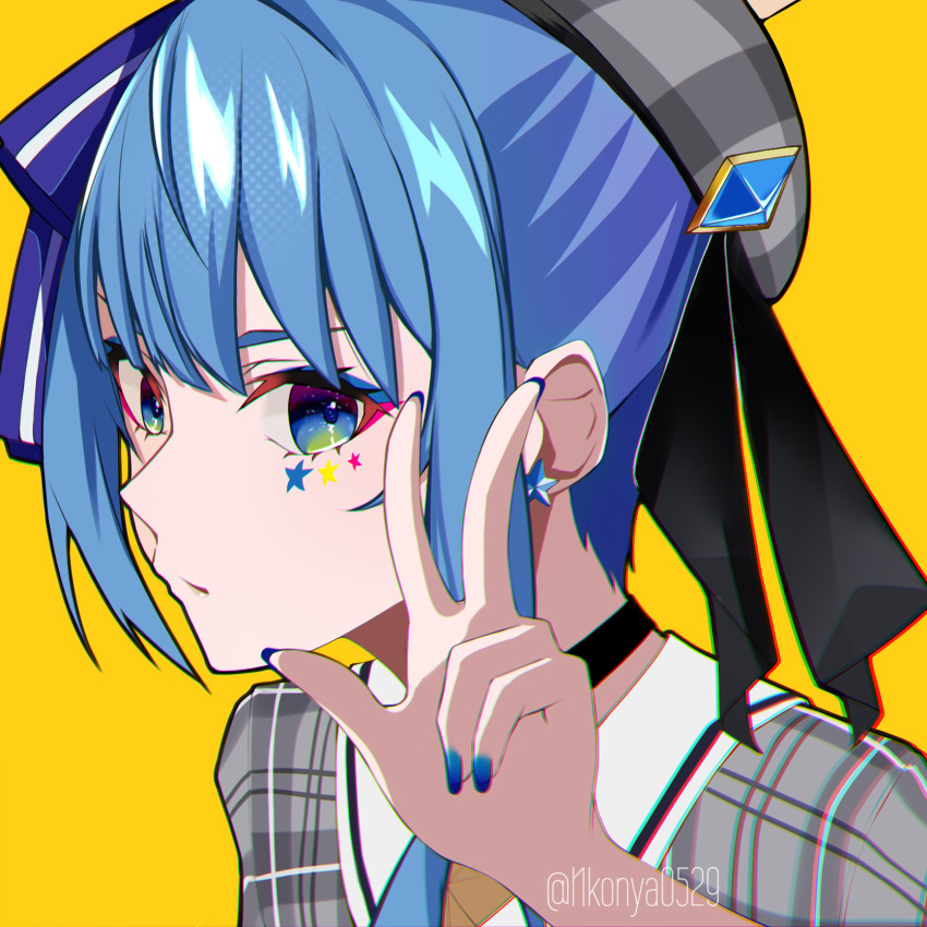 1girl, bangs, beret, blue_eyes, blue_hair, blue_nails, choker, chromatic_aberration