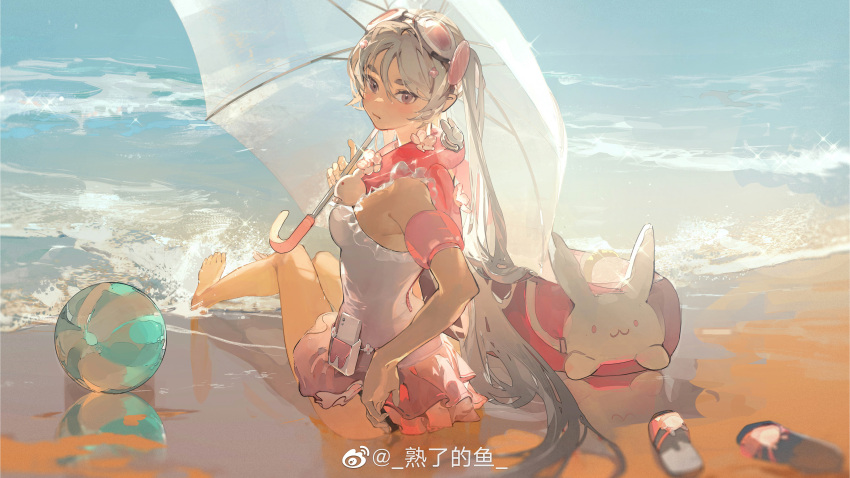 1girl, absurdly_long_hair, absurdres, aether_gazer, ball, bangs, beach, beachball, breasts, cellphone, eyewear_on_head, flip-flops, full_body, grey_eyes, hair_between_eyes, hair_ornament, highres, holding, lifebuoy, long_hair, looking_at_viewer, on_floor, ookuninushi_(aether_gazer), phone, sandals, shule_de_yu, small_breasts, smartphone, solo, swimsuit, umbrella, very_long_hair, watermark, waves, white_hair