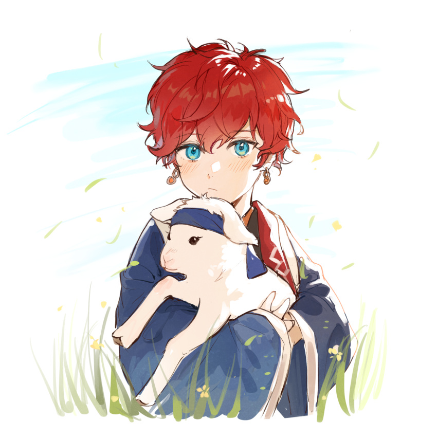 1boy, amagi_hiiro, animal, bangs, blue_eyes, blue_robe, child, clothed_animal