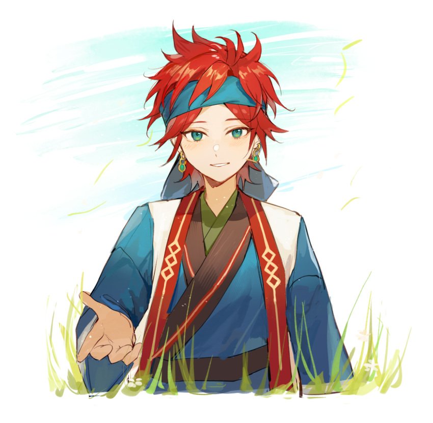 1boy, amagi_rinne, aqua_eyes, arm_at_side, bangs, beckoning, blue_eyes, blue_robe