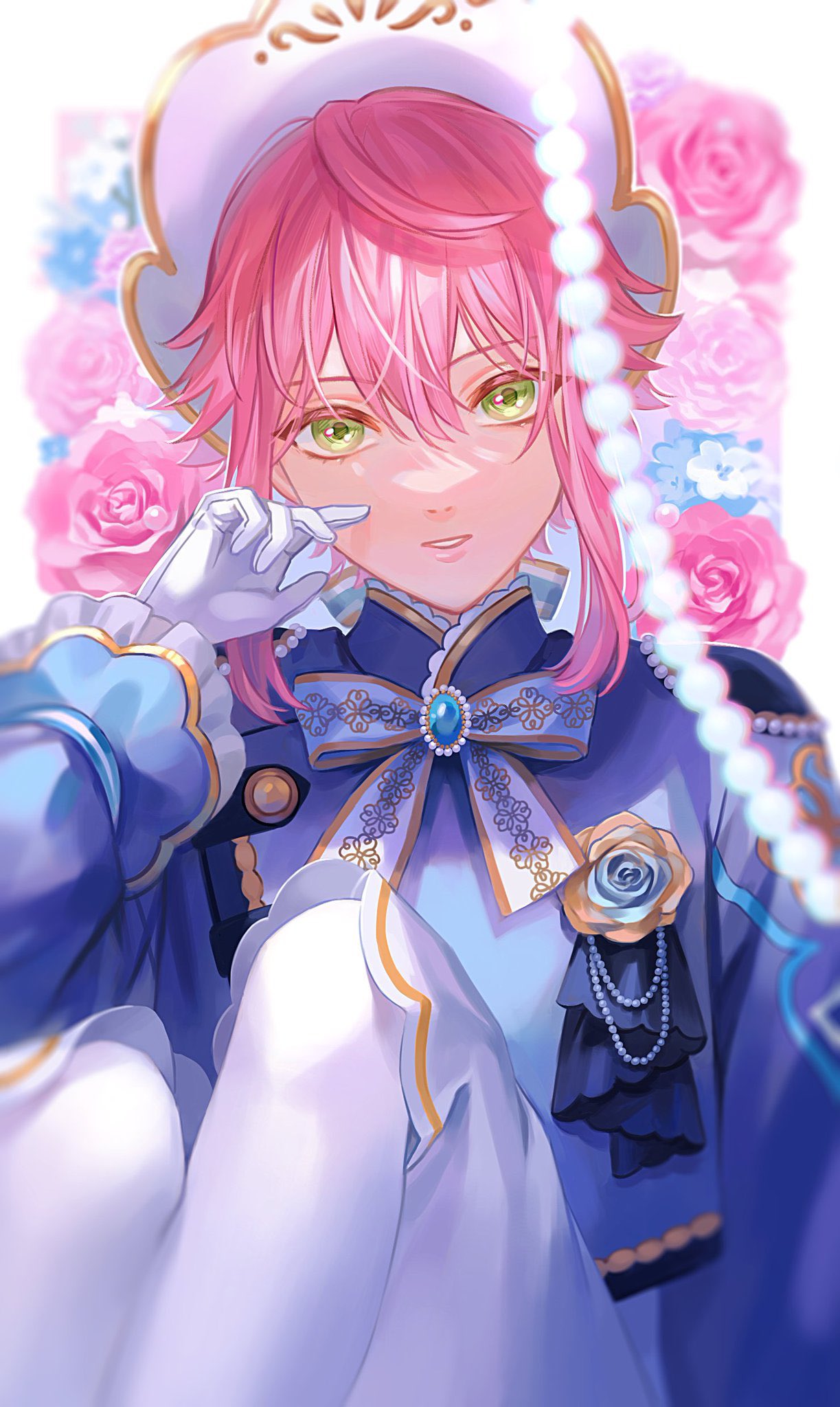 10ne_ui, 1boy, androgynous, bangs, beads, black_jacket, blue_jacket, blurry, boutonniere, bow, bowtie, brooch, depth_of_field, ensemble_stars!, feet_out_of_frame, finger_to_cheek, floral_background, flower, gem, green_eyes, hand_up, hat, highres, himemiya_touri, jacket, jewelry, knees_up, legwear_under_shorts, long_sleeves, male_focus, pantyhose, parted_lips, pearl_(gemstone), pink_flower, pink_hair, pink_rose, rose, short_hair, shorts, sidelocks, sitting, solo, white_bow, white_bowtie, white_headwear, white_pantyhose, white_shorts