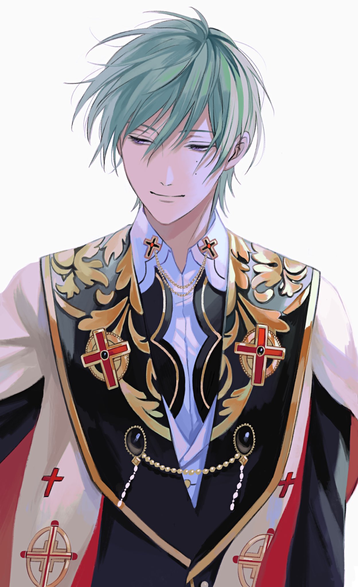 10ne_ui, 1boy, bangs, beads, closed_mouth, coat, collared_shirt, cross