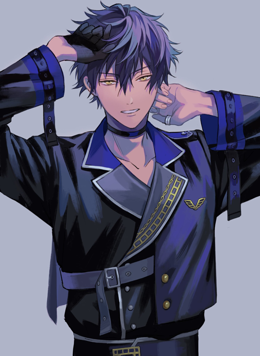 10ne_ui, 1boy, bangs, belt, black_gloves, black_hair, black_jacket, blue_hair, buttons, choker, double-breasted, earrings, ensemble_stars!, gloves, grey_background, hair_between_eyes, half_gloves, hands_up, highres, jacket, jewelry, layered_clothes, long_sleeves, looking_at_viewer, male_focus, multicolored_hair, parted_lips, purple_hair, sazanami_jun, short_hair, simple_background, solo, stud_earrings, thumb_ring, upper_body, yellow_eyes
