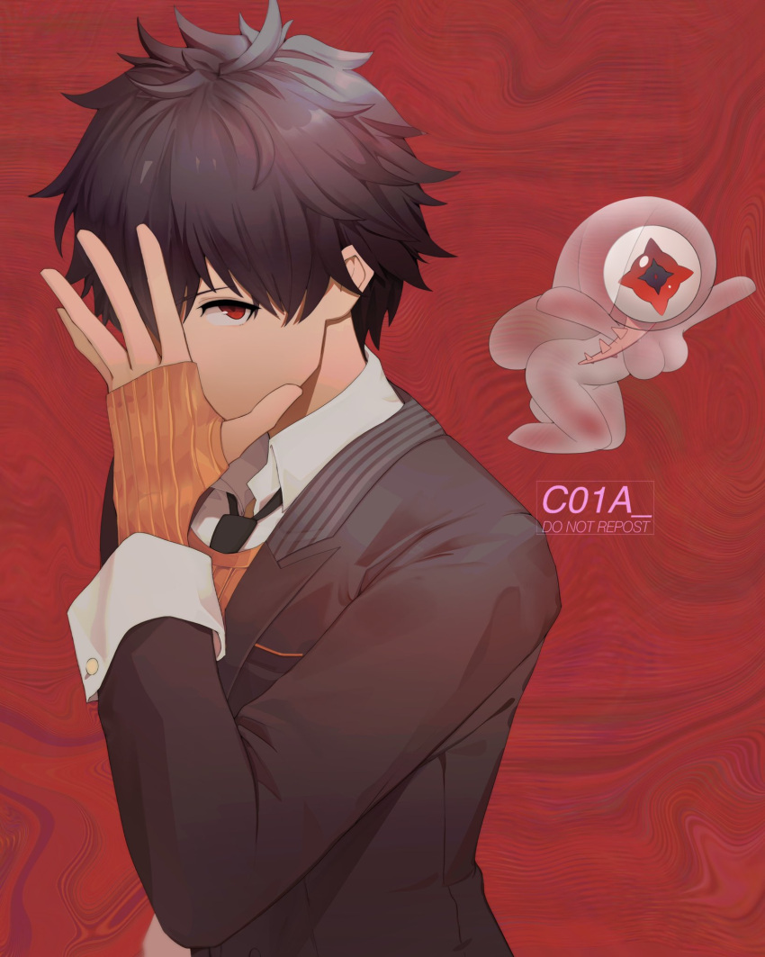 1boy, ai_the_somnium_files, ai_the_somnium_files:_nirvana_initiative, artist_name, bangs, banned_artist, black_hair, black_jacket, black_necktie, c01a_(cola), eyeball, hand_up, highres, jacket, long_sleeves, necktie, orange_sweater, red_background, red_eyes, ryuki_kuruto, shirt, short_hair, sweater, tama_(ai_the_somnium_files), upper_body, white_shirt