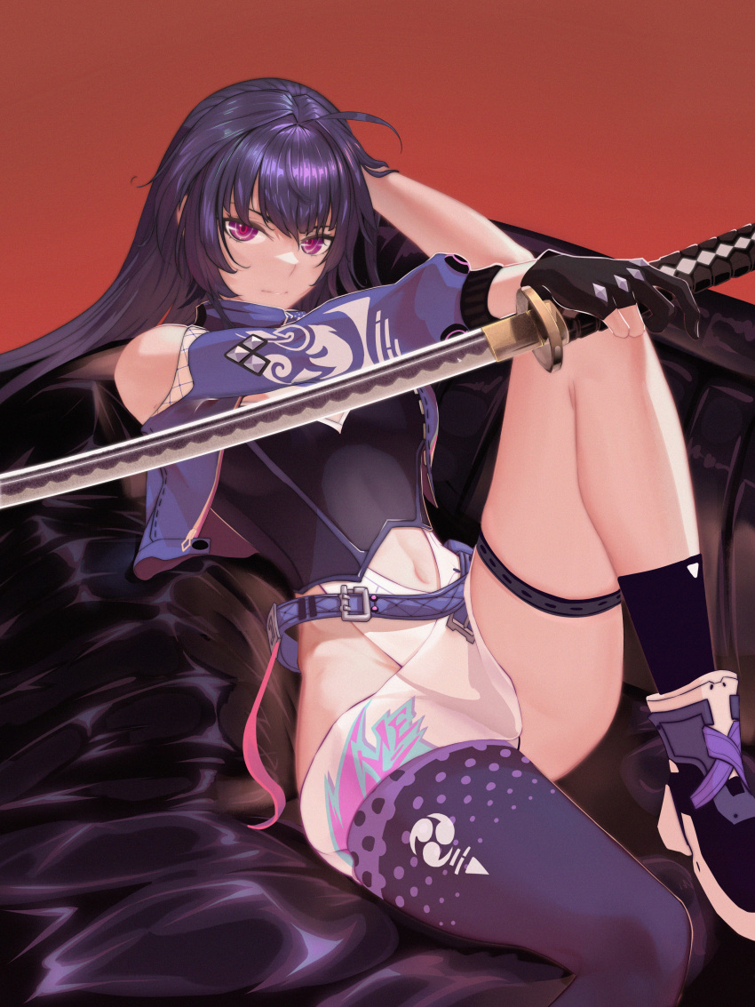 1girl, absurdres, ahoge, asymmetrical_legwear, bangs, bare_shoulders, black_footwear, black_gloves