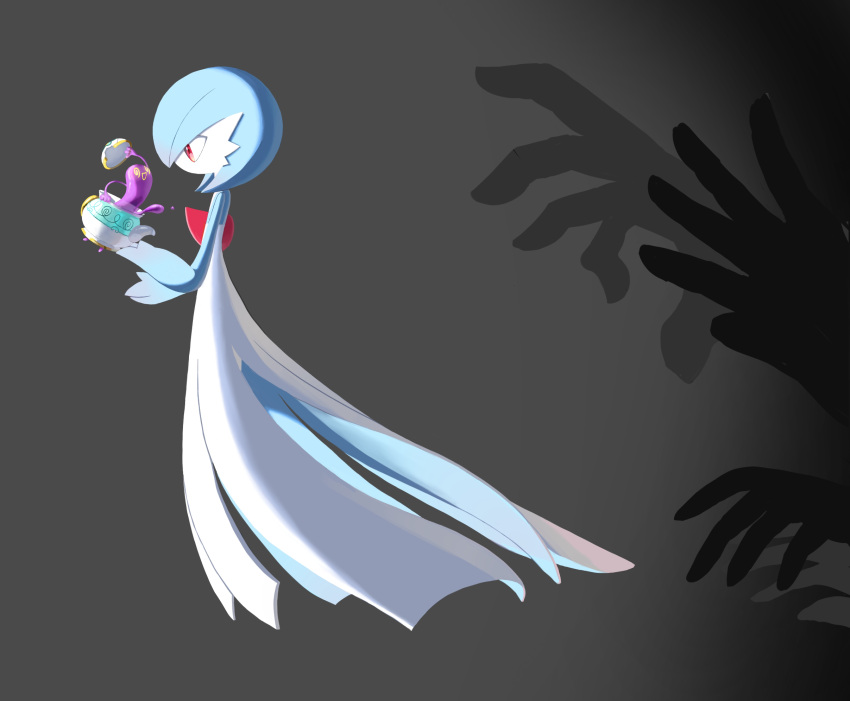 1other, alternate_color, blue_hair, colored_skin, eye_contact, from_side, gardevoir, grey_background