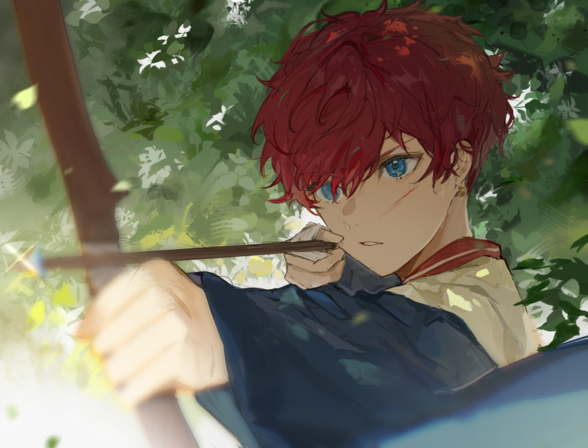 1boy, aiming, amagi_hiiro, archery, arrow_(projectile), bangs, blood, blood_on_face