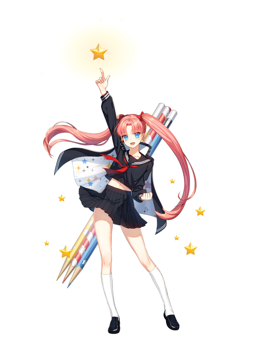 1girl, :d, absurdres, arm_up, bangs, black_cape, black_footwear, black_serafuku, black_skirt, blue_eyes, bow, cape, clenched_hand, colored_pencil, counter:side, full_body, glowing, hair_bow, highres, kneehighs, loafers, long_hair, looking_at_viewer, mika_star, miniskirt, navel, neckerchief, official_art, parted_bangs, pencil, pink_hair, pleated_skirt, pointing, red_bow, red_neckerchief, school_uniform, serafuku, shoes, skirt, smile, socks, solo, star_(symbol), star_print, tachi-e, transparent_background, twintails, very_long_hair, weapon, weapon_on_back, white_socks, yellow_star