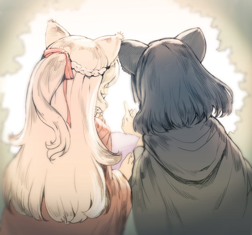 2girls, animal_ears, black_hair, blue_eyes, cloud_horizon, fox_ears, fox_girl, highres