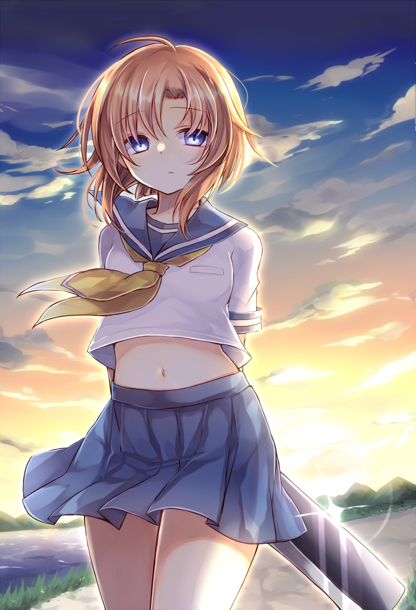1girl, absurdres, ahoge, bangs, blue_eyes, blue_sailor_collar, blue_skirt, closed_mouth, clouds, cowboy_shot, gradient_sky, hashitsuki_nata, highres, higurashi_no_naku_koro_ni, holding, holding_weapon, kanataww, looking_at_viewer, nata_(tool), navel, neckerchief, orange_hair, outdoors, pleated_skirt, ryuuguu_rena, sailor_collar, school_uniform, serafuku, shirt, short_hair, skirt, sky, solo, standing, stomach, water, weapon, white_shirt, yellow_neckerchief