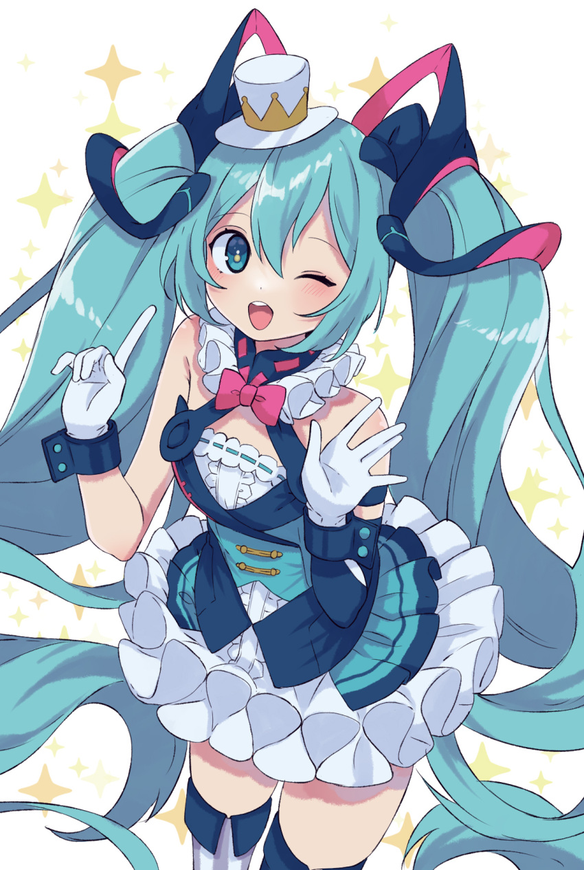 1girl, ;d, aqua_eyes, aqua_hair, bare_shoulders, bent_over, black_sleeves, blush
