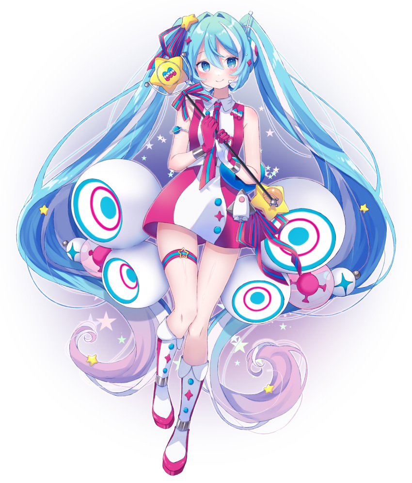 1girl, absurdres, aqua_hair, armlet, belt, blue_eyes, blue_hair, blush, boots, collared_dress, colored_tips, dot_nose, dress, full_body, gloves, gradient, gradient_background, gradient_hair, grey_background, hair_between_eyes, hair_ornament, hair_ribbon, hatsune_miku, headphones, heart, highres, holding, holding_wand, knee_boots, knees_together_feet_apart, long_hair, magical_mirai_(vocaloid), magimirai_miku, magimirai_miku_(2022), multicolored_hair, necktie, paya_(alunair), pink_dress, pink_gloves, pink_hair, pink_necktie, pink_ribbon, planet, planetary_ring, platform_boots, purple_background, radio_antenna, ribbon, rocket_ship, shiny, shiny_hair, shiny_skin, short_dress, sideways_glance, simple_background, skindentation, sleeveless, sleeveless_dress, smile, solo, spacecraft, speaker, star_(symbol), star_hair_ornament, star_in_eye, star_wand, starry_background, streaked_hair, striped, striped_dress, striped_necktie, striped_ribbon, symbol_in_eye, thigh_gap, thigh_strap, twintails, two-tone_gloves, vertical-striped_dress, vertical_stripes, very_long_hair, vocaloid, wand, white_background, white_belt, white_dress, white_footwear, white_gloves, white_hair