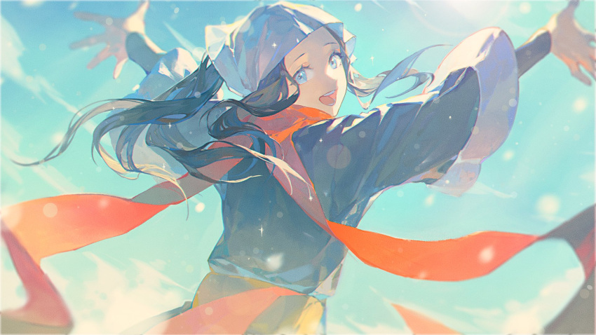 1girl, :d, akari_(pokemon), alannoran, black_hair, blue_eyes, blurry, clouds