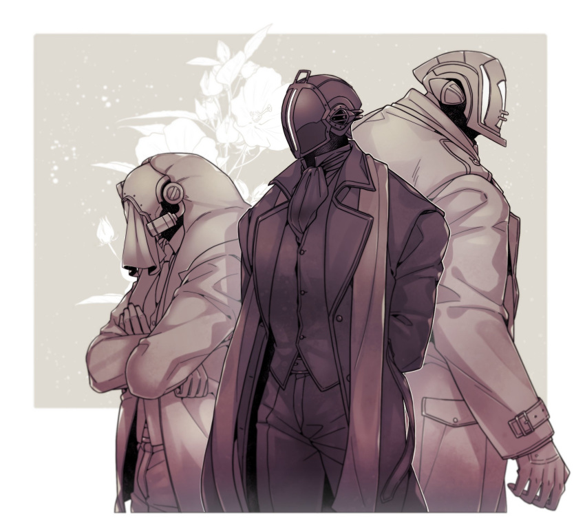3boys, arm_at_side, arms_behind_back, ascot, back-to-back, belt, bondrewd, buttons, cape, coat, commentary_request, covered_face, cropped_legs, crossed_arms, facing_to_the_side, floral_background, formal, gloves, gyarike, helm, helmet, highres, hood, hood_up, hooded_cape, korean_commentary, lapels, letterboxed, long_sleeves, made_in_abyss, male_focus, monaka_(spes_2323), monochrome, multiple_boys, notched_lapels, open_clothes, open_coat, overcoat, pants, pocket, standing, suit