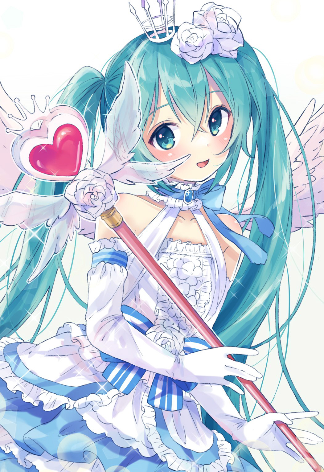 1girl, angel_wings, bare_shoulders, blue_gemstone, blue_ribbon, blush, bow, center_frills, choker, collarbone, crown, detached_collar, dot_nose, dress, elbow_gloves, feathered_wings, flower, frilled_dress, frills, gem, glint, gloves, green_eyes, green_hair, hair_between_eyes, hair_flower, hair_ornament, halter_dress, halterneck, hatsune_miku, heart_wand, highres, holding, holding_staff, layered_dress, lens_flare, light_smile, long_hair, looking_at_viewer, mini_crown, mini_wings, parted_lips, paya_(alunair), ribbon, ribbon_choker, rose, simple_background, solo, staff, straight_hair, strapless, strapless_dress, striped, striped_ribbon, twintails, upper_body, very_long_hair, vocaloid, waist_bow, white_background, white_flower, white_gloves, white_rose, white_wings, wings