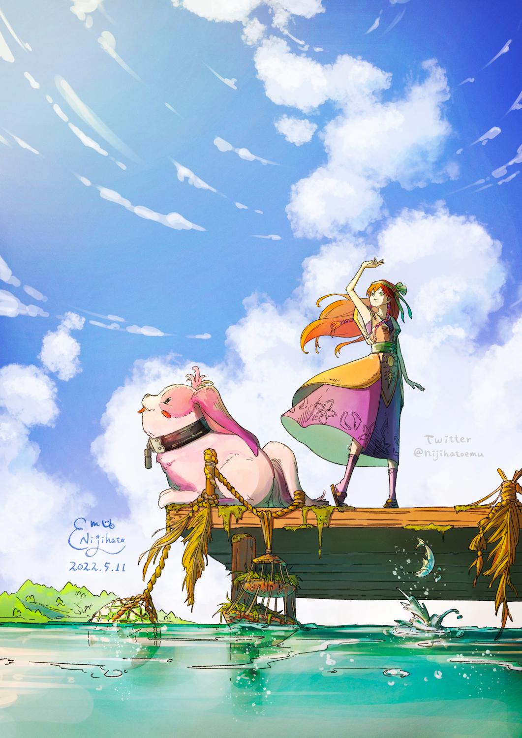 1girl, 1other, bare_arms, breasts, chrono_cross, clouds, cloudy_sky, collar
