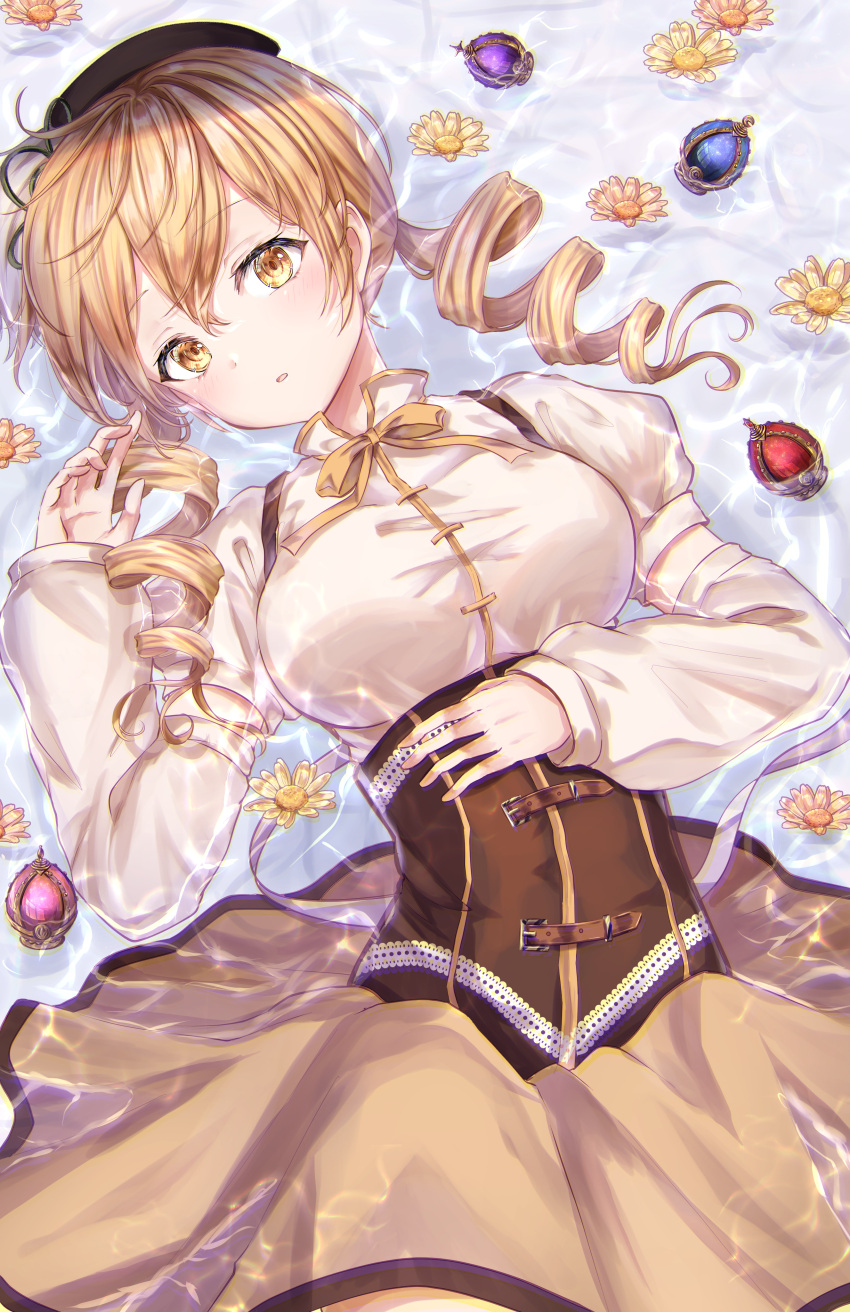 1girl, absurdres, afloat, belt, black_headwear, blonde_hair, breasts, brown_belt