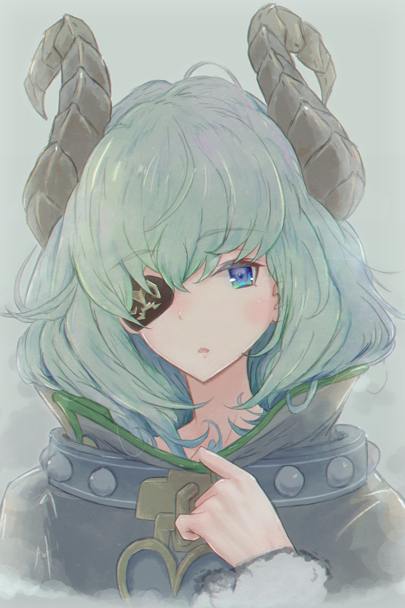 1girl, adjusting_clothes, adjusting_collar, ahoge, blue_eyes, eyebrows_behind_hair, eyepatch, highres, honey_strap, horns, lrig, open_mouth, portrait, sekishiro_mico, solo, virtual_youtuber