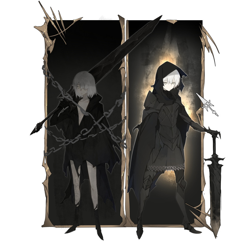 1boy, 1girl, absurdres, armor, backlighting, black_armor, black_cape, black_footwear, border, breastplate, cape, chain, clawed_gauntlets, cloak, closed_mouth, collarbone, covered_collarbone, gauntlets, greaves, grey_background, grey_hair, hair_between_eyes, hair_over_one_eye, half-closed_eyes, hand_on_hilt, highres, holding, holding_sword, holding_weapon, hood, hood_up, hooded_cape, original, over_shoulder, pauldrons, short_hair, shoulder_armor, simple_background, slit_pupils, spiked_gauntlets, spikes, standing, sword, sword_over_shoulder, torn, torn_cape, torn_cloak, torn_clothes, viiiper, weapon, weapon_over_shoulder, white_hair, yellow_eyes