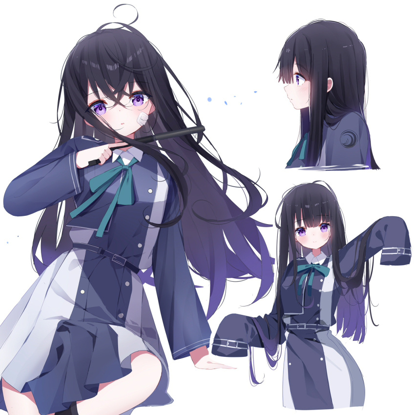 1girl, :o, aqua_bow, arm_up, bandaid, bandaid_on_face, bangs, black_hair