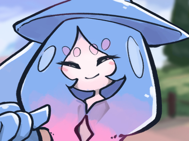 1girl, ^_^, blue_hair, blue_headwear, blue_theme, blurry, blurry_background, blush