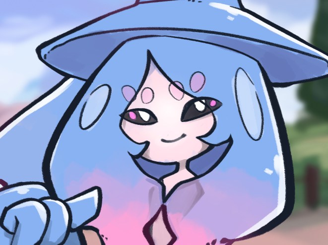 1girl, black_sclera, blue_hair, blue_headwear, blue_theme, blurry, blurry_background, chinese_commentary