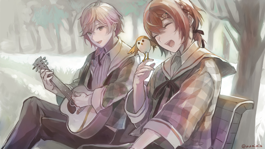 2boys, :d, ^_^, acoustic_guitar, bench, bird, bird_on_hand, black_neckerchief
