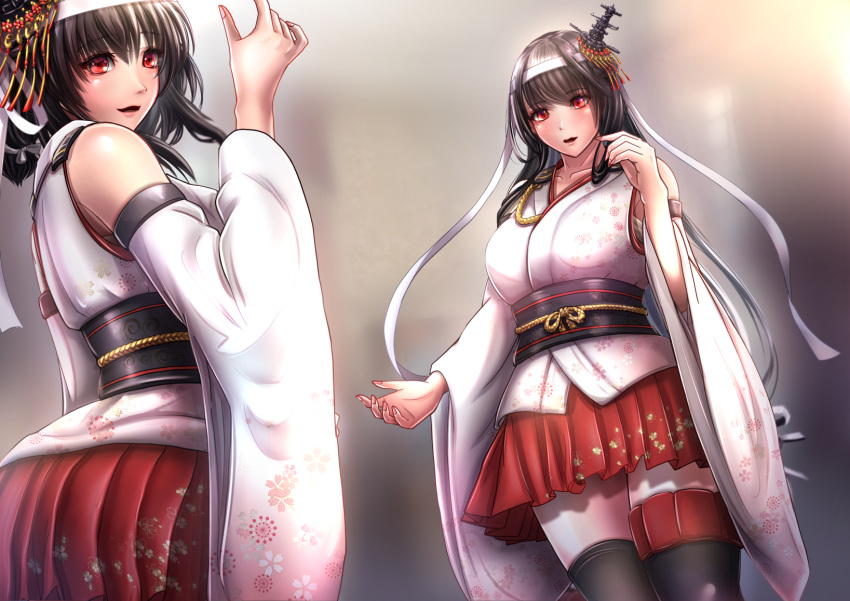 2girls, aiguillette, black_hair, breasts, detached_sleeves, epaulettes, floral_print, fusou_(kancolle)