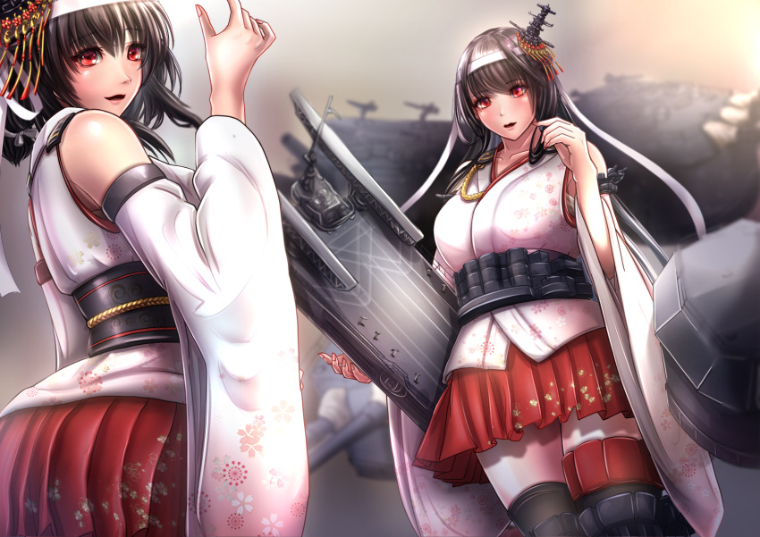 2girls, aiguillette, anti-aircraft, anti-aircraft_gun, black_hair, breasts, cannon, detached_sleeves