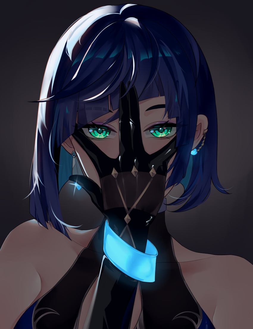 absurdres, blue_hair, chaikatwt, earrings, eyeshadow, genshin_impact, green_eyes, highres, jewelry, jojo_pose, makeup, pose, yelan_(genshin_impact)