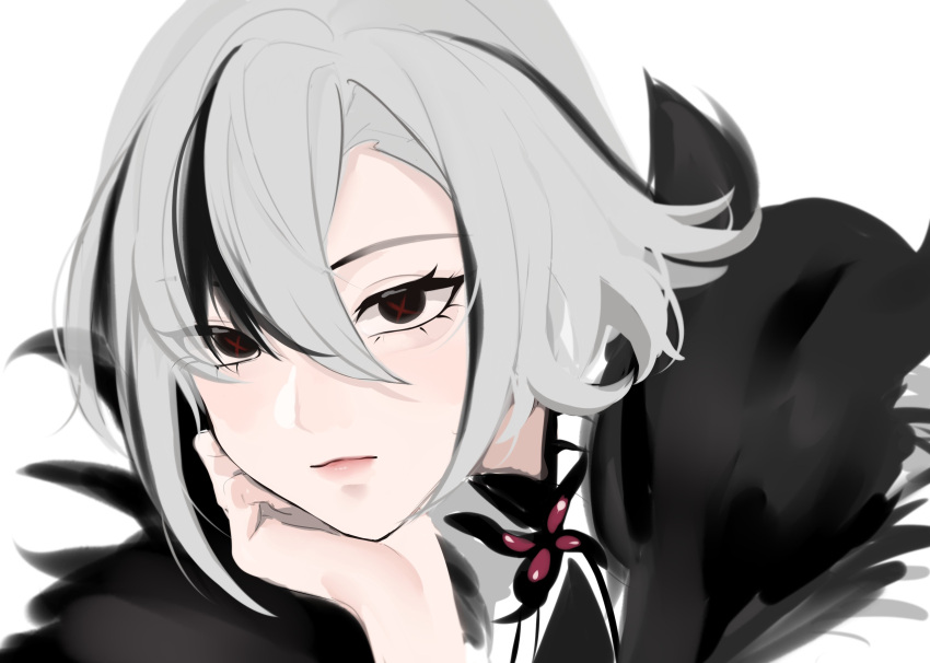 1girl, absurdres, arlecchino_(genshin_impact), black_hair, chaikatwt, fur_collar, genshin_impact, highres, red_pupils, solo, white_background, white_hair