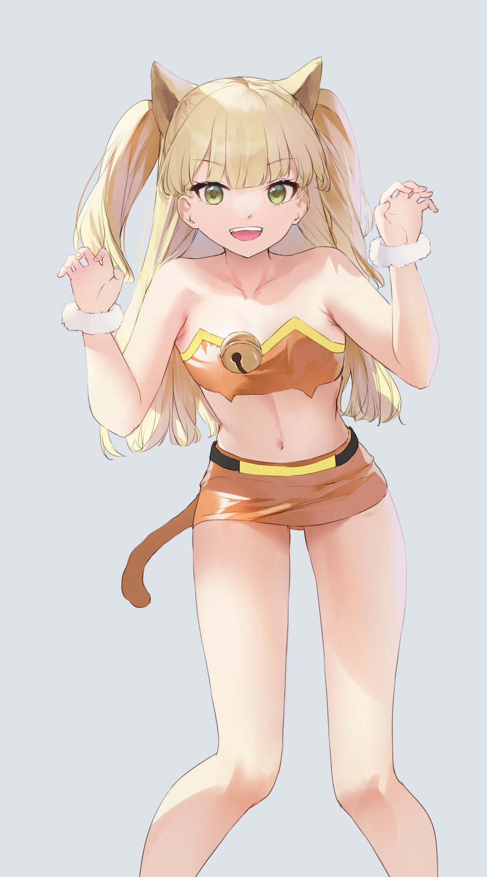1girl, :d, animal_ears, bare_legs, bare_shoulders, bell, blonde_hair, claw_pose