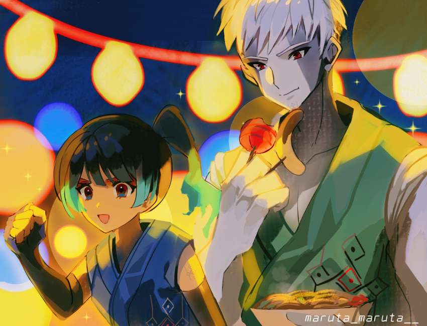 1boy, 1girl, apple, artist_name, candy, eating, elbow_gloves, fiery_hair