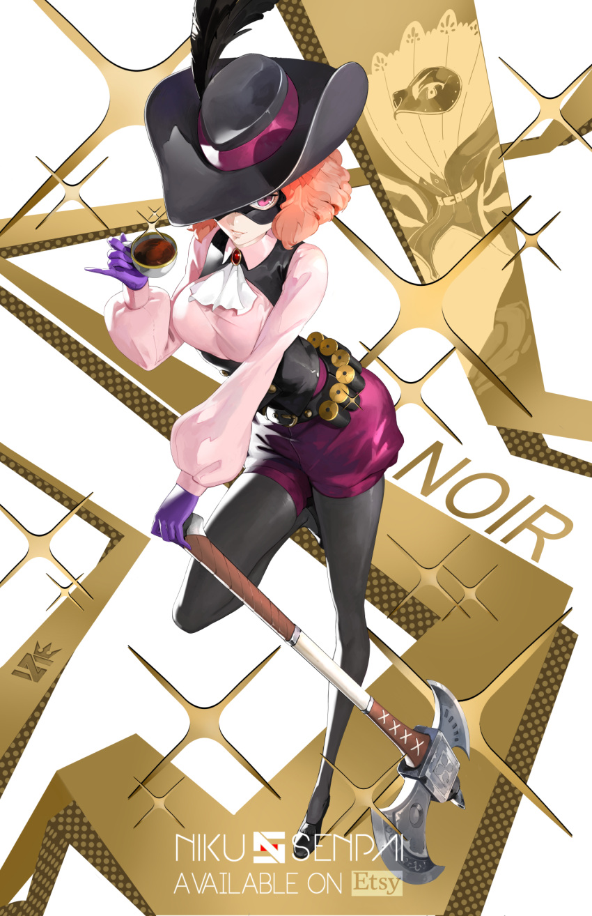 1girl, artist_logo, artist_name, ascot, axe, bandolier, black_feathers, black_headwear