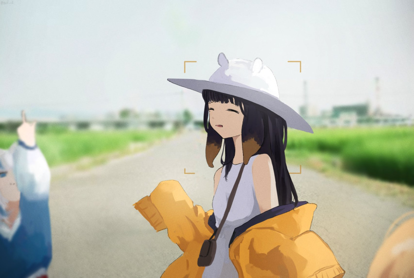 3girls, bag, blonde_hair, blurry, blurry_background, closed_eyes, csui_d, depth_of_field, gawr_gura, handbag, highres, hololive, hololive_english, jacket, middle_finger, multiple_girls, ninomae_ina'nis, open_mouth, purple_hair, viewfinder, watson_amelia, yellow_jacket